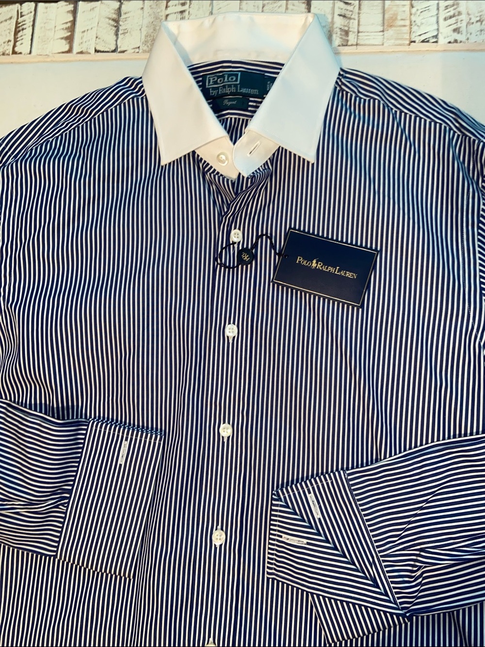 Mens Polo Ralph Lauren Navy & White Stripe Dress Shirt with Contrast Collar 16.5